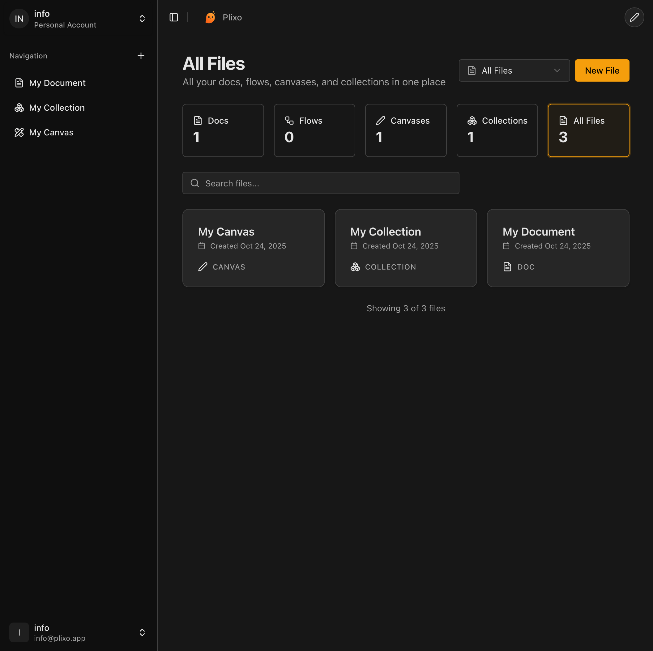 Plixo dashboard showing prompt library with saved documents and collections